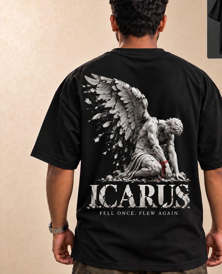 Icarus back print on a black oversized T-SHIRT